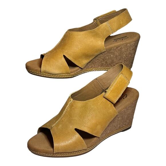 Clarks Shoes - Clarks Helio Float Yellow Nubuck Leather Wedge Sandals w/ Adjustable Strap